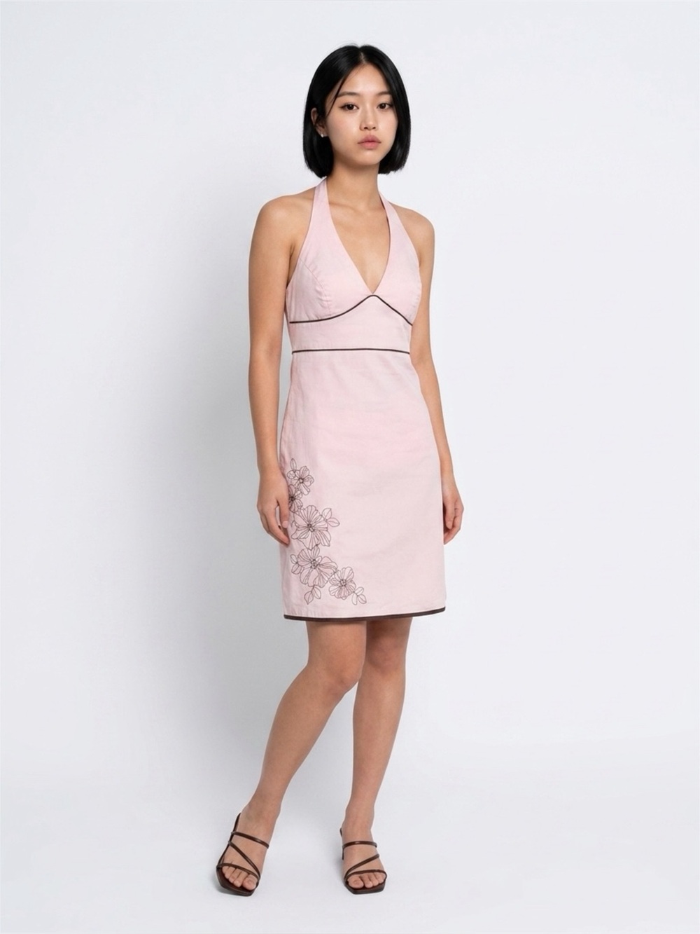 Xhilaration Pink Halter Satin Floral Embroidered Smocked Sheath Dress 11
